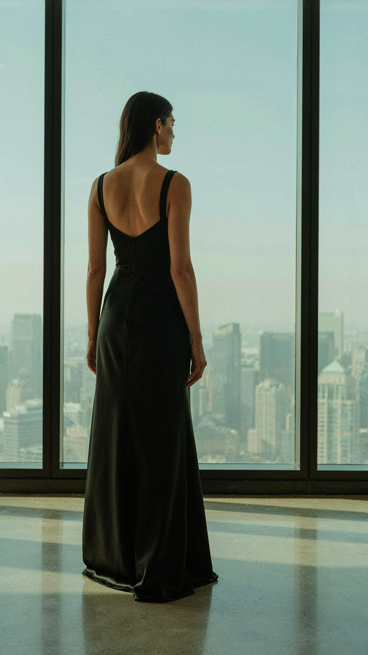 A woman in a classic black tie gown overlooks a city skyline.