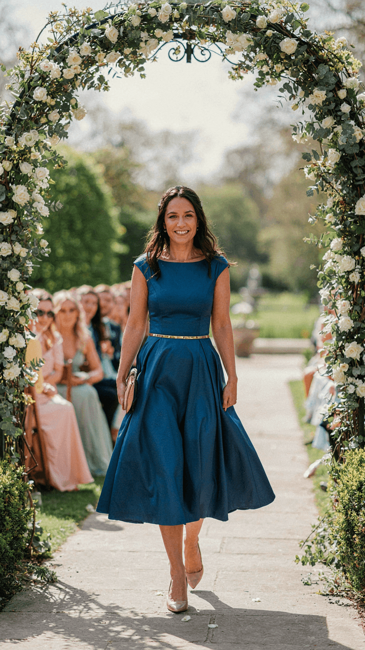 Woman in a bold spring wedding guest outfit walks with confident stride.
