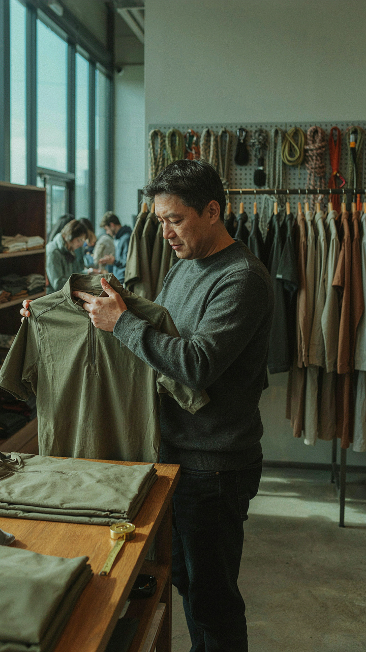 A person carefully examines the stitching on a durable travel shirt in a store.