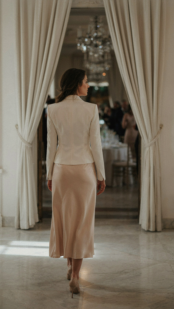 A woman in a satin midi skirt, confidently entering a formal event.