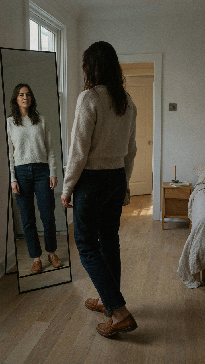 A person confidently walks away from their reflection in a mirror.