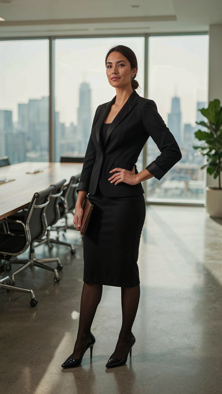 A confident person in a sleek tuxedo dress commands attention in a room.