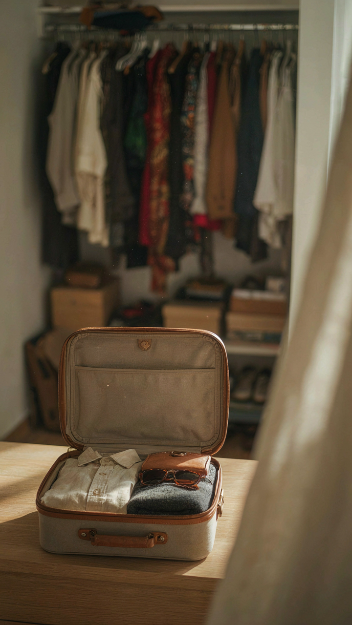 A well-packed small carry-on bag is open in front of a messy closet.