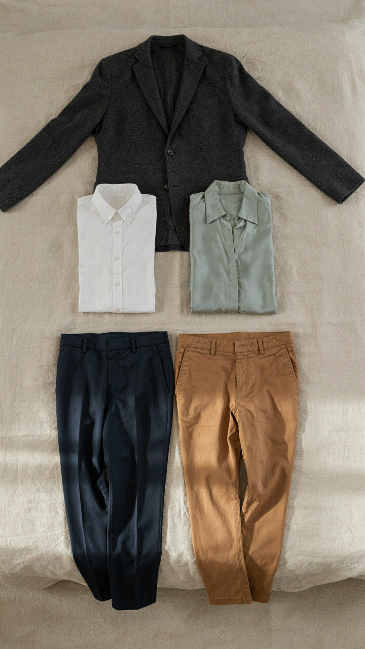 Five clothing items laid out flat on a bed.