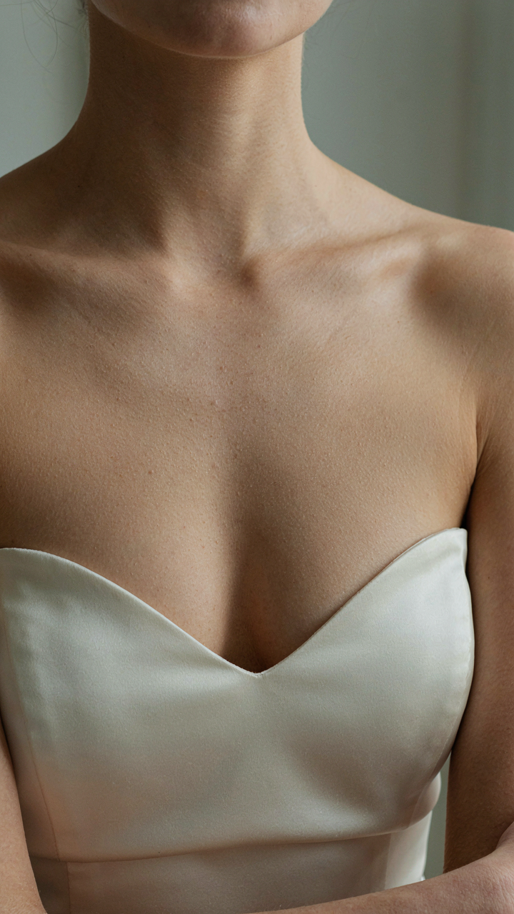 Close-up of a woman's shoulders and collarbone framed by a sweetheart neckline.