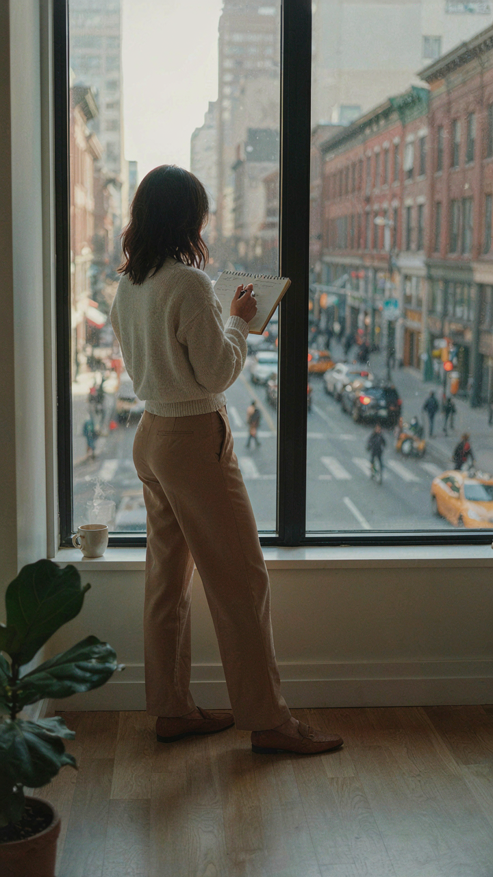A woman in dressy casual attire looks out at a city street, holding a notebook.