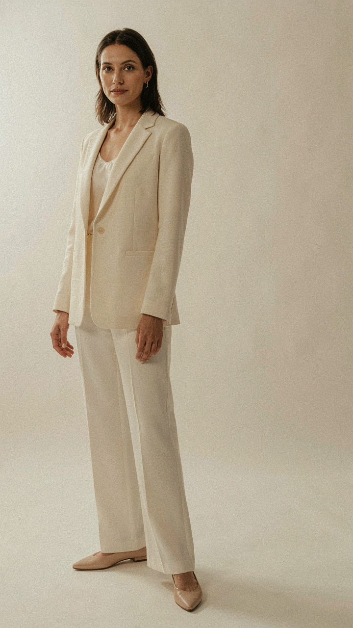 A professional woman stands confidently in a simple, elegant neutral-toned outfit.