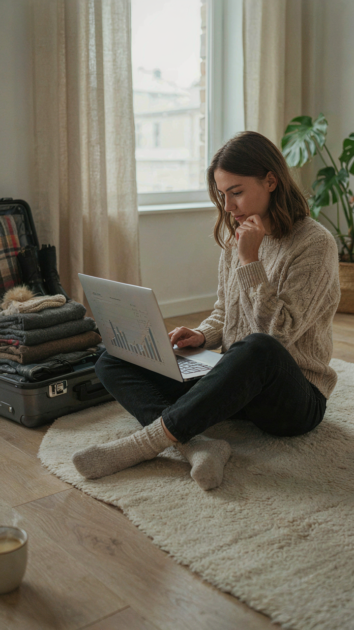 A person analyzes historical weather data on a laptop for winter travel planning.