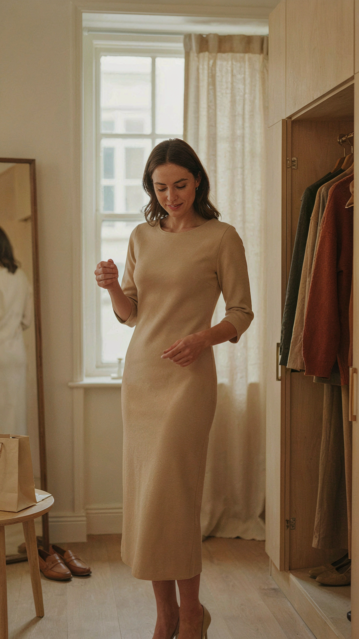 A woman looks comfortable and confident in a classic, well-fitted dress.