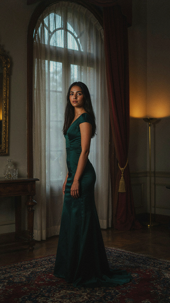 A woman in a jewel-toned gown stands confidently in an elegant room.