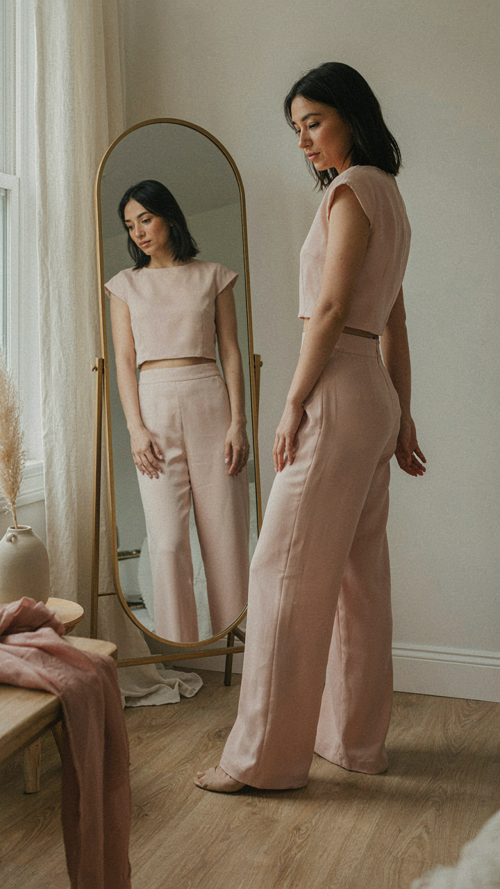 A woman looks at her reflection in a mirror, wearing a stylish two piece set.