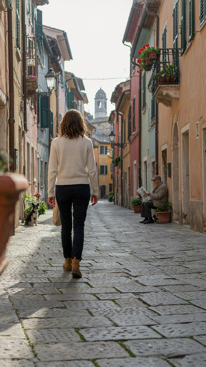 A person walks freely down a scenic European street, unburdened.