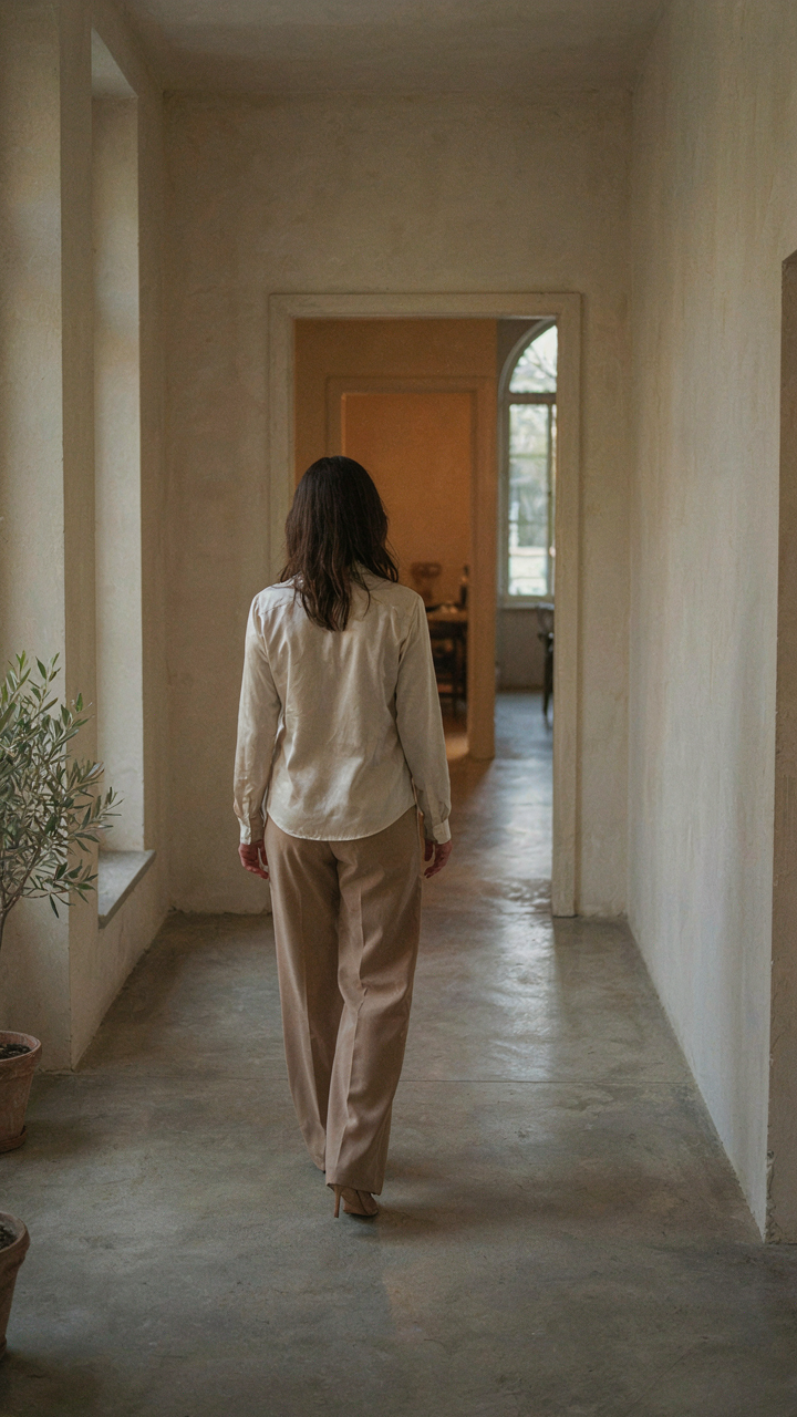 Woman in a satin blouse and tailored trousers confidently walking away.