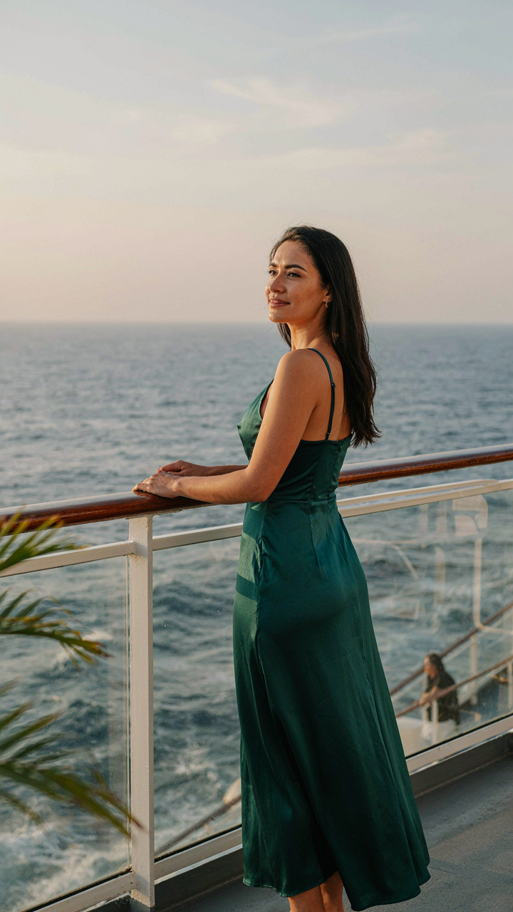 A confident woman in an elegant formal dress stands on a cruise deck at sunset.