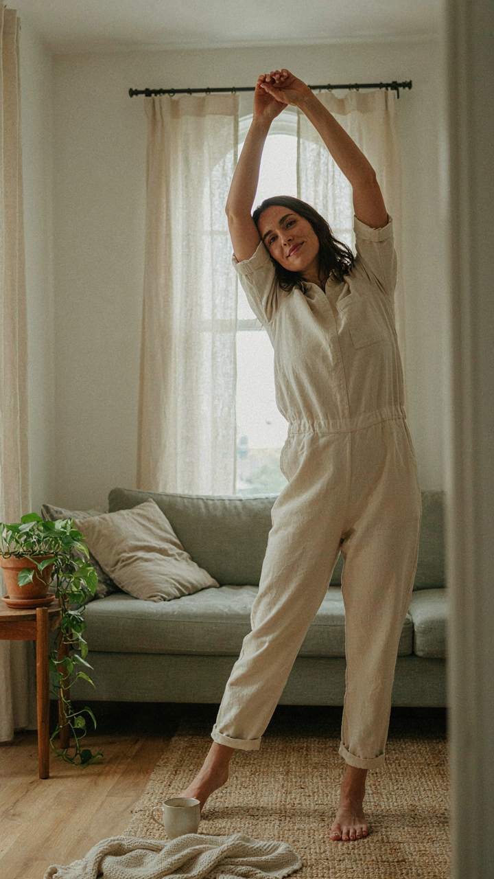 A woman in a simple jumpsuit stretches comfortably in her living room.