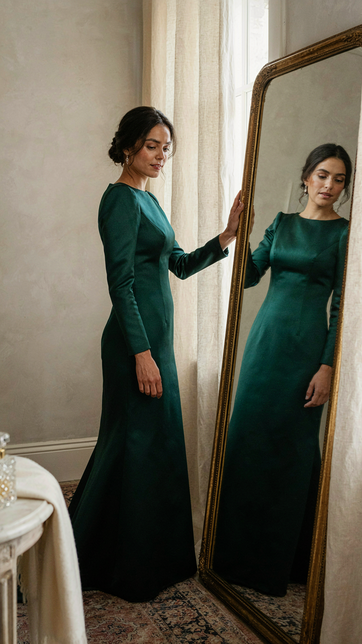 Woman in a luxurious dress reflecting elegance and confidence in mirror selfie poses.