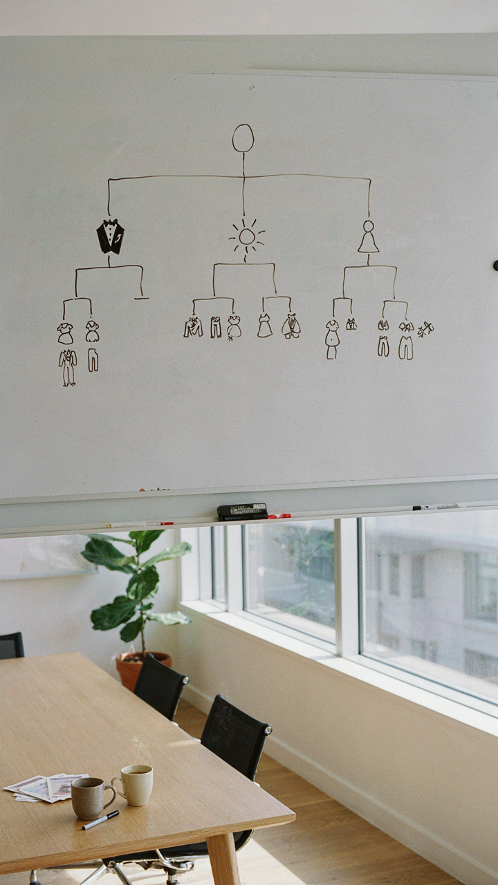 A decision tree flowchart diagram on a whiteboard for outfit selection.