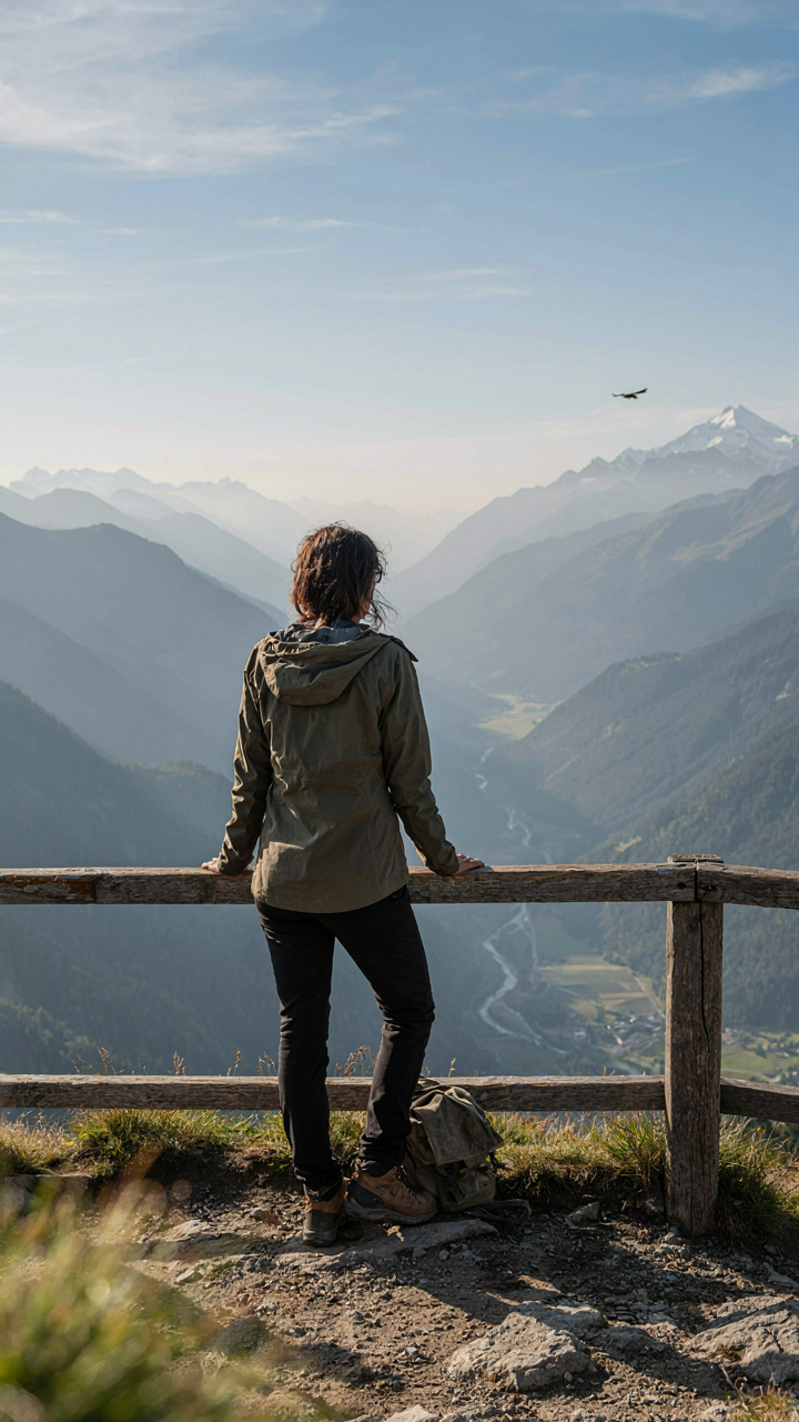 A woman traveler is lost in thought at a scenic viewpoint.