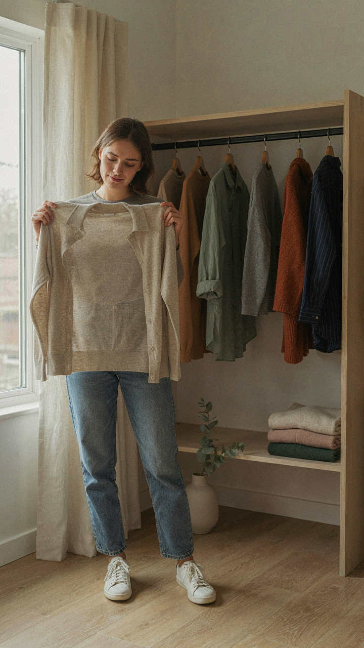 A person holds a neutral shirt, visually connecting it to many other clothes in a closet.