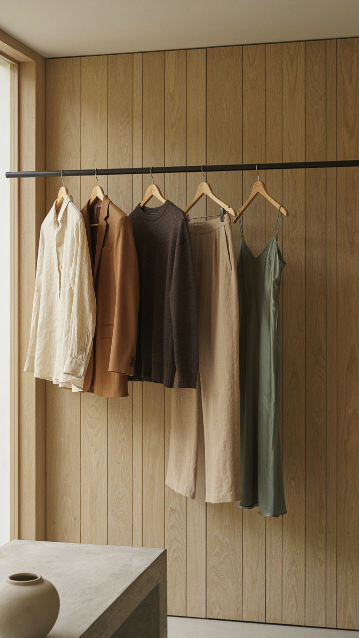 A minimalist closet with empty space and a few neatly hanging smart casual clothes.