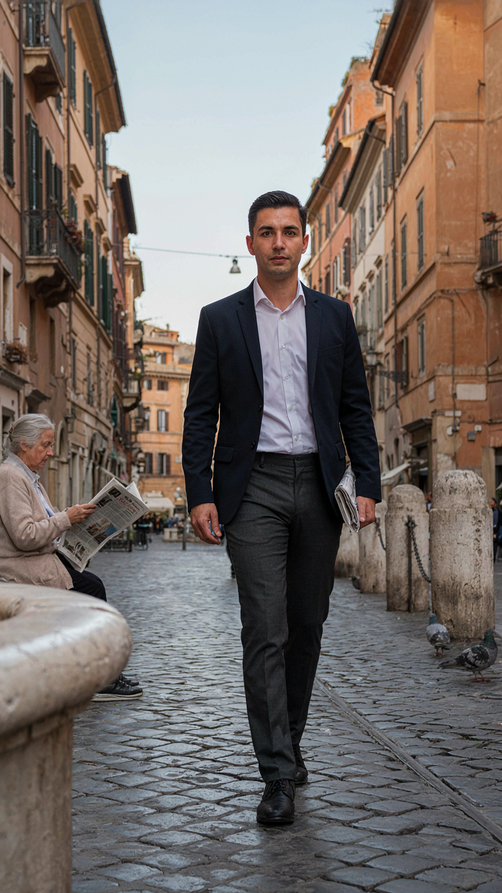A person confidently walks in Rome wearing a simple, consistent outfit.