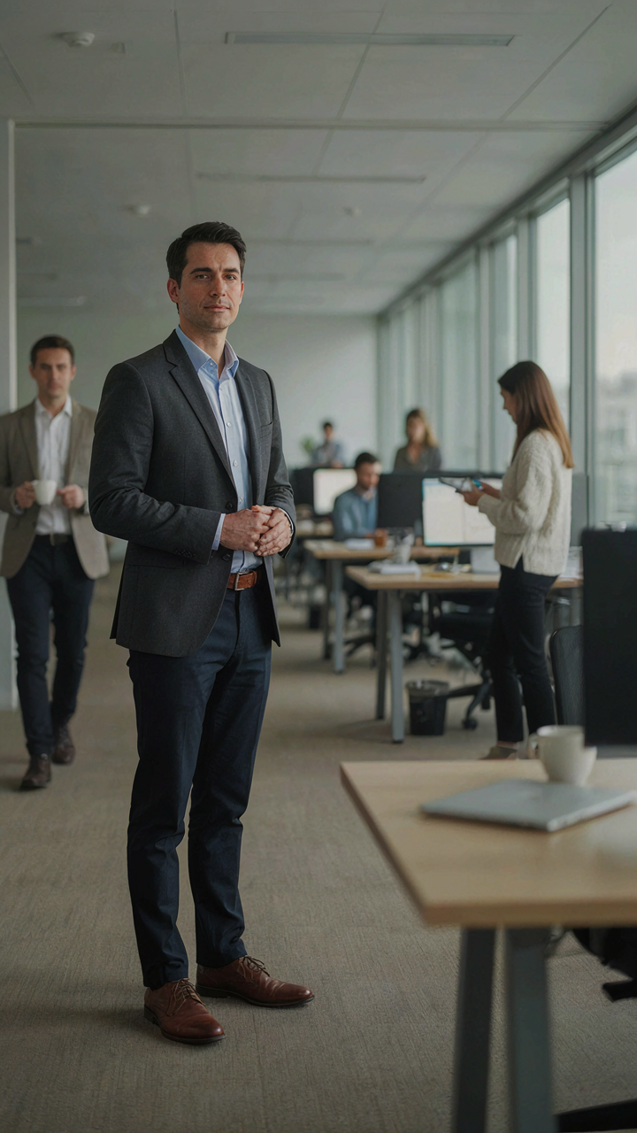 Office worker in neutral clothes blending into a blurred office background.